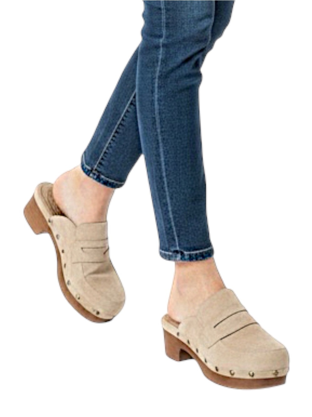 Beige Suede Studded Platform Penny Loafers Clogs Mules 8.5